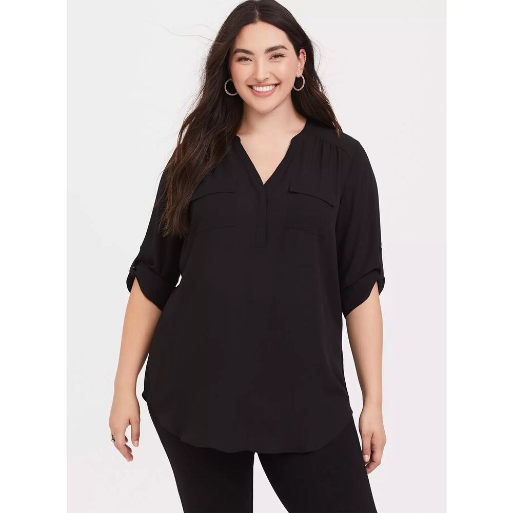 Torrid (3X) Harper Georgette 3/4 Sleeve Blouse In Deep Black Work Minimalist